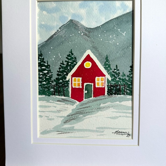 🎉SALE! Hand-Made New Watercolor Art Cozy Red Hut in the Mountains - Picture 5 of 8